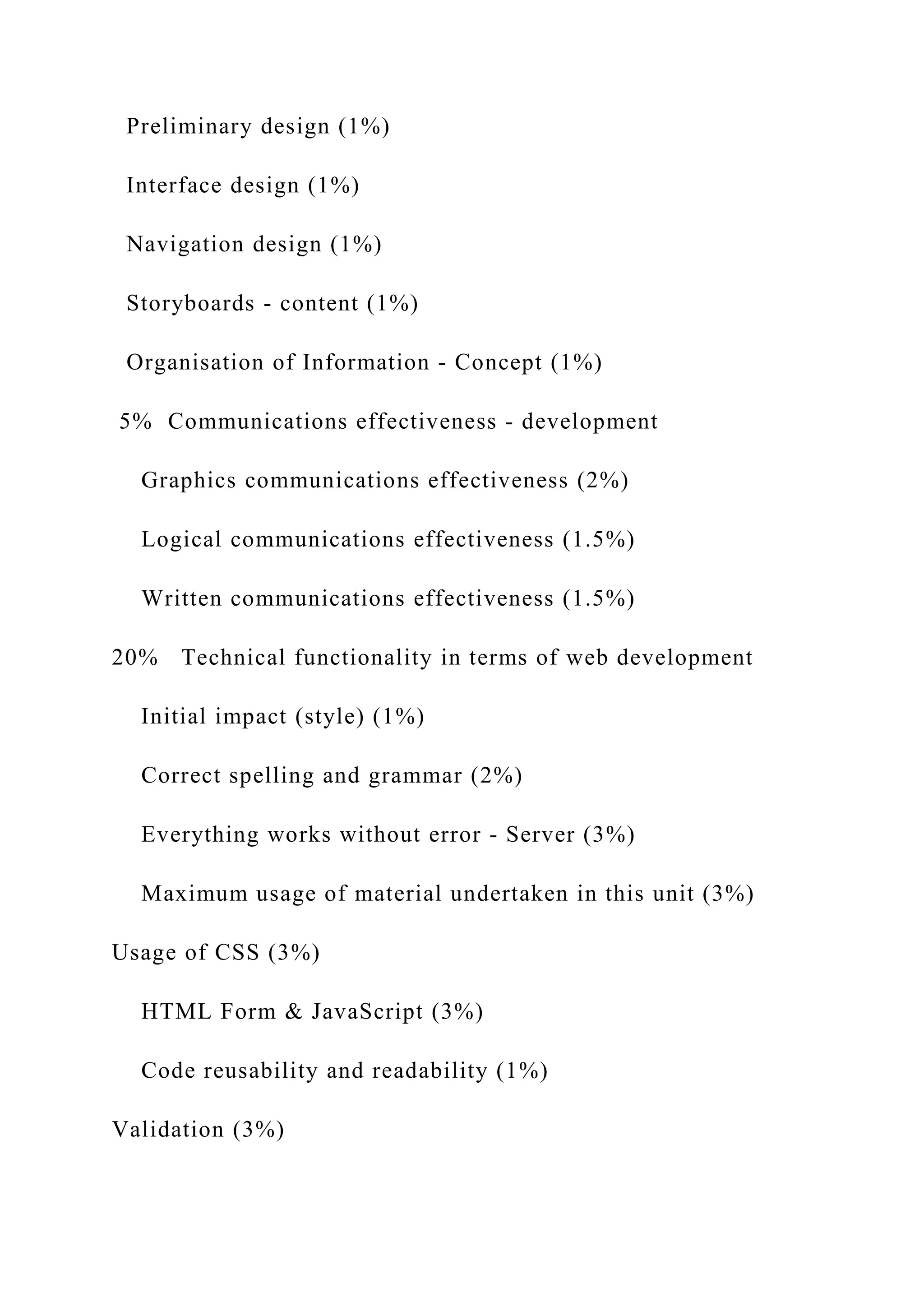 Preliminary design (1%)
Interface design (1%)
Navigation design (1%)
Storyboards ‐ content (1%)
Organisation of Information ‐ Concept (1%)
5% Communications effectiveness ‐ development
Graphics communications effectiveness (2%)
Logical communications effectiveness (1.5%)
Written communications effectiveness (1.5%)
20% Technical functionality in terms of web development
Initial impact (style) (1%)
Correct spelling and grammar (2%)
Everything works without error ‐ Server (3%)
Maximum usage of material undertaken in this unit (3%)
Usage of CSS (3%)
HTML Form & JavaScript (3%)
Code reusability and readability (1%)
Validation (3%)
 