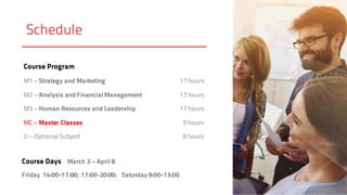 Schedule
Course Program
M1 – Strategy and Marketing 17 hours
M2 – Analysis and Financial Management 17 hours
M3 – Human Resources and Leadership 17 hours
MC – Master Classes 9 hours
O – Optional Subject 8 hours
Course Days March 3 – April 8
Friday 14:00-17:00; 17:00-20:00; Saturday 9:00-13:00
 