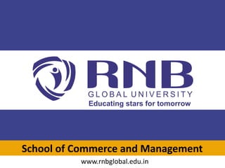 RNB Global University (First Private University in Bikaner) ,
RNB Global City, Ganganagar Road, Bikaner, Rajasthan (India) - 334601
Tel No: +91.151.5156000 | Toll Free No. : 1800-313-0075 | Website: www.rnbglobal.edu.in
School of Commerce and Management
School of Commerce and Management
www.rnbglobal.edu.in
 