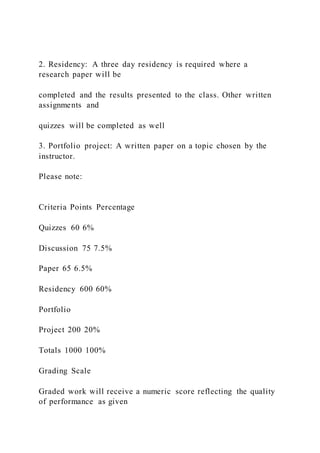 2. Residency: A three day residency is required where a
research paper will be
completed and the results presented to the class. Other written
assignments and
quizzes will be completed as well
3. Portfolio project: A written paper on a topic chosen by the
instructor.
Please note:
Criteria Points Percentage
Quizzes 60 6%
Discussion 75 7.5%
Paper 65 6.5%
Residency 600 60%
Portfolio
Project 200 20%
Totals 1000 100%
Grading Scale
Graded work will receive a numeric score reflecting the quality
of performance as given
 