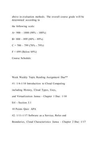 above in evaluation methods. The overall course grade will be
determined according to
the following scale:
A= 900 – 1000 (90% - 100%)
B= 800 – 899 (80% - 89%)
C = 700 – 799 (70% - 79%)
F < 699 (Below 69%)
Course Schedule
Week Weekly Topic Reading Assignment Due**
#1: 1/4-1/10 Introduction to Cloud Computing
including History, Cloud Types, Uses,
and Virtualization Jamsa - Chapter 1 Due: 1/10
Erl – Section 3.1
10 Points Quiz: APA
#2: 1/11-1/17 Software as a Service, Roles and
Boundaries, Cloud Characteristics Jamsa – Chapter 2 Due: 1/17
 