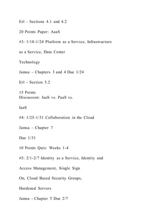 Erl – Sections 4.1 and 4.2
20 Points Paper: AaaS
#3: 1/18-1/24 Platform as a Service, Infrastructure
as a Service, Data Center
Technology
Jamsa – Chapters 3 and 4 Due 1/24
Erl – Section 5.2
15 Points
Discussion: IaaS vs. PaaS vs.
IaaS
#4: 1/25-1/31 Collaboration in the Cloud
Jamsa – Chapter 7
Due 1/31
10 Points Quiz: Weeks 1-4
#5: 2/1-2/7 Identity as a Service, Identity and
Access Management, Single Sign
On, Cloud Based Security Groups,
Hardened Servers
Jamsa - Chapter 5 Due 2/7
 