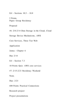 Erl – Sections 10.5 – 10.8
5 Points
Paper: Group Residency
Proposal
#6: 2/8-2/14 Data Storage in the Cloud, Cloud
Storage Device Mechanisms, AWS
Core Services, Three Tier Web
Application
Jamsa - Chapter 6
Due 2/14
Erl – Section 7.3
10 Points Quiz: AWS core services
#7: 2/15-2/21 Residency Weekend
None.
Due: 2/21
600 Points Practical Connections
Research project
Project presentations
 