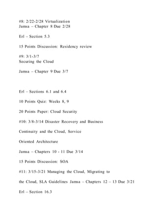 #8: 2/22-2/28 Virtualization
Jamsa – Chapter 8 Due 2/28
Erl – Section 5.3
15 Points Discussion: Residency review
#9: 3/1-3/7
Securing the Cloud
Jamsa – Chapter 9 Due 3/7
Erl – Sections 6.1 and 6.4
10 Points Quiz: Weeks 8, 9
20 Points Paper: Cloud Security
#10: 3/8-3/14 Disaster Recovery and Business
Continuity and the Cloud, Service
Oriented Architecture
Jamsa – Chapters 10 - 11 Due 3/14
15 Points Discussion: SOA
#11: 3/15-3/21 Managing the Cloud, Migrating to
the Cloud, SLA Guidelines Jamsa – Chapters 12 – 13 Due 3/21
Erl – Section 16.3
 