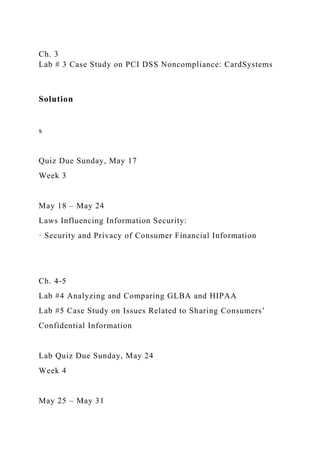 Ch. 3
Lab # 3 Case Study on PCI DSS Noncompliance: CardSystems
Solution
s
Quiz Due Sunday, May 17
Week 3
May 18 – May 24
Laws Influencing Information Security:
· Security and Privacy of Consumer Financial Information
Ch. 4-5
Lab #4 Analyzing and Comparing GLBA and HIPAA
Lab #5 Case Study on Issues Related to Sharing Consumers’
Confidential Information
Lab Quiz Due Sunday, May 24
Week 4
May 25 – May 31
 