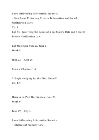 Laws Influencing Information Security:
· State Laws Protecting Citizens Information and Breach
Notification Laws
Ch. 9
Lab #6 Identifying the Scope of Your State’s Data and Security
Breach Notification Law
Lab Quiz Due Sunday, June 21
Week 8
June 22 – June 28
Review Chapters 1-9
**Begin studying for the Final Exam**
Ch. 1-9
Discussion Post Due Sunday, June 28
Week 9
June 29 – July 5
Laws Influencing Information Security:
· Intellectual Property Law
 