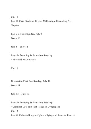 Ch. 10
Lab #7 Case Study on Digital Millennium Recording Act:
Napster
Lab Quiz Due Sunday, July 5
Week 10
July 6 – July 12
Laws Influencing Information Security:
· The Roll of Contracts
Ch. 11
Discussion Post Due Sunday, July 12
Week 11
July 13 – July 19
Laws Influencing Information Security:
· Criminal Law and Tort Issues in Cyberspace
Ch. 12
Lab #8 Cyberstalking or Cyberbullying and Laws to Protect
 