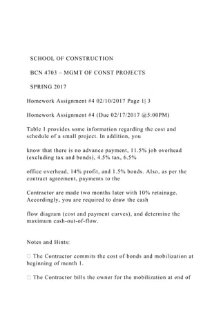 SCHOOL OF CONSTRUCTION
BCN 4703 – MGMT OF CONST PROJECTS
SPRING 2017
Homework Assignment #4 02/10/2017 Page 1| 3
Homework Assignment #4 (Due 02/17/2017 @5:00PM)
Table 1 provides some information regarding the cost and
schedule of a small project. In addition, you
know that there is no advance payment, 11.5% job overhead
(excluding tax and bonds), 4.5% tax, 6.5%
office overhead, 14% profit, and 1.5% bonds. Also, as per the
contract agreement, payments to the
Contractor are made two months later with 10% retainage.
Accordingly, you are required to draw the cash
flow diagram (cost and payment curves), and determine the
maximum cash-out-of-flow.
Notes and Hints:
beginning of month 1.
 
