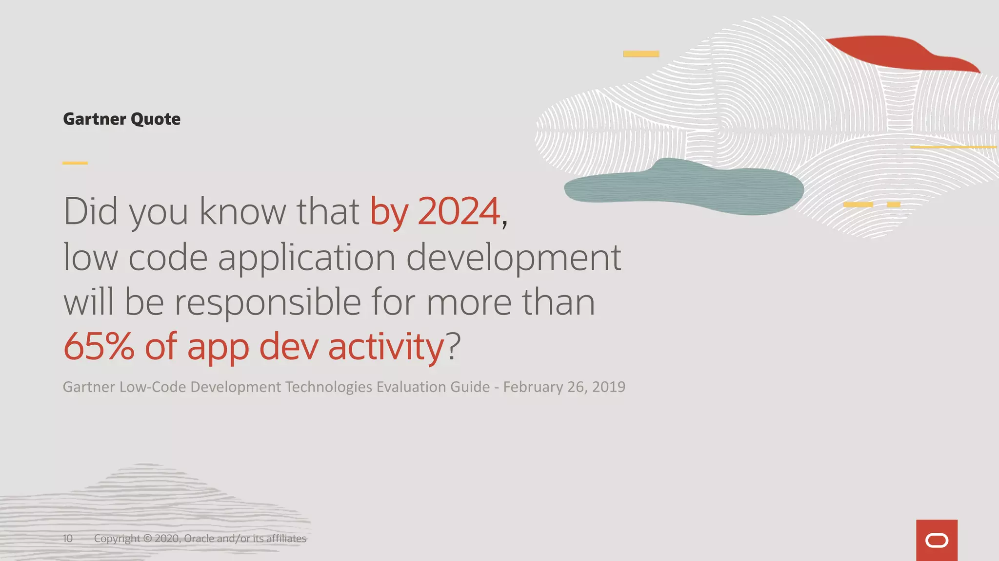 Gartner Quote
Did you know that by 2024,
low code application development
will be responsible for more than
65% of app dev activity?
10 Copyright © 2020, Oracle and/or its affiliates
Gartner Low-Code Development Technologies Evaluation Guide - February 26, 2019
 