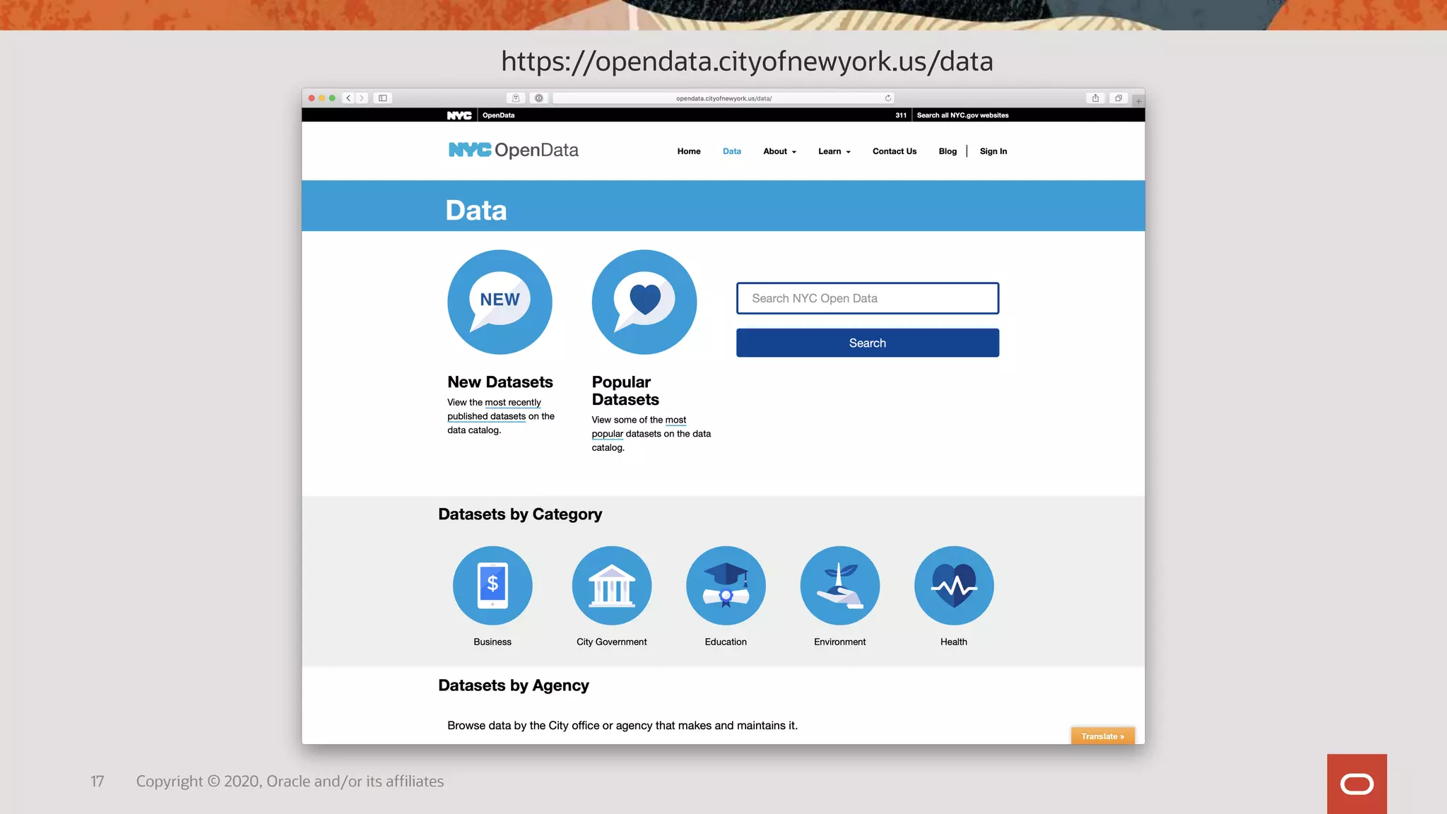 17 Copyright © 2020, Oracle and/or its affiliates
https://opendata.cityofnewyork.us/data
 
