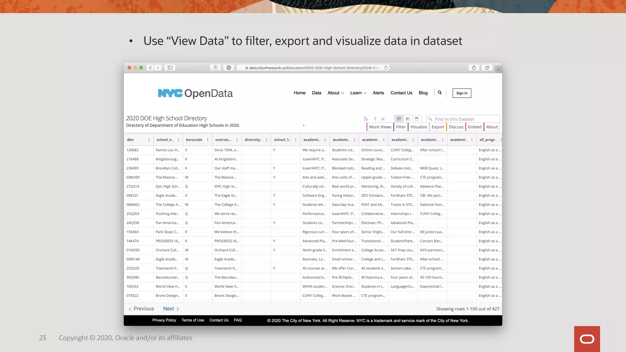 23 Copyright © 2020, Oracle and/or its affiliates
• Use “View Data” to filter, export and visualize data in dataset
 