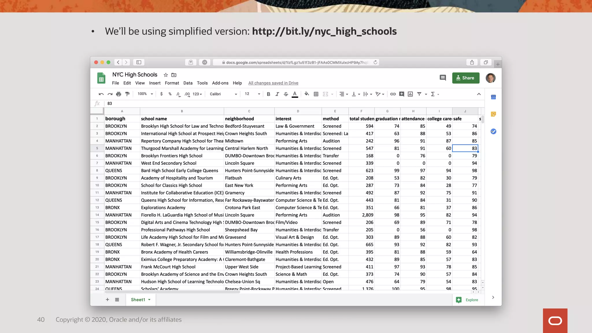 40 Copyright © 2020, Oracle and/or its affiliates
• We’ll be using simplified version: http://bit.ly/nyc_high_schools
 