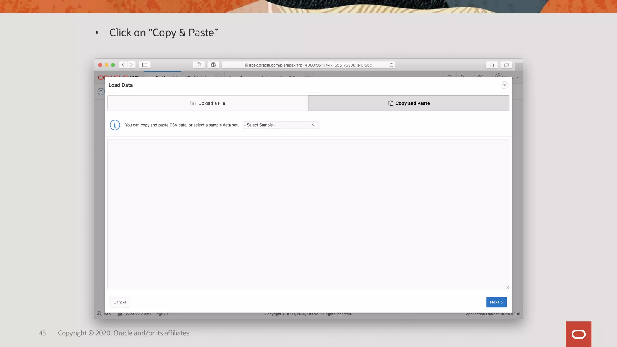 45 Copyright © 2020, Oracle and/or its affiliates
• Click on “Copy & Paste”
 