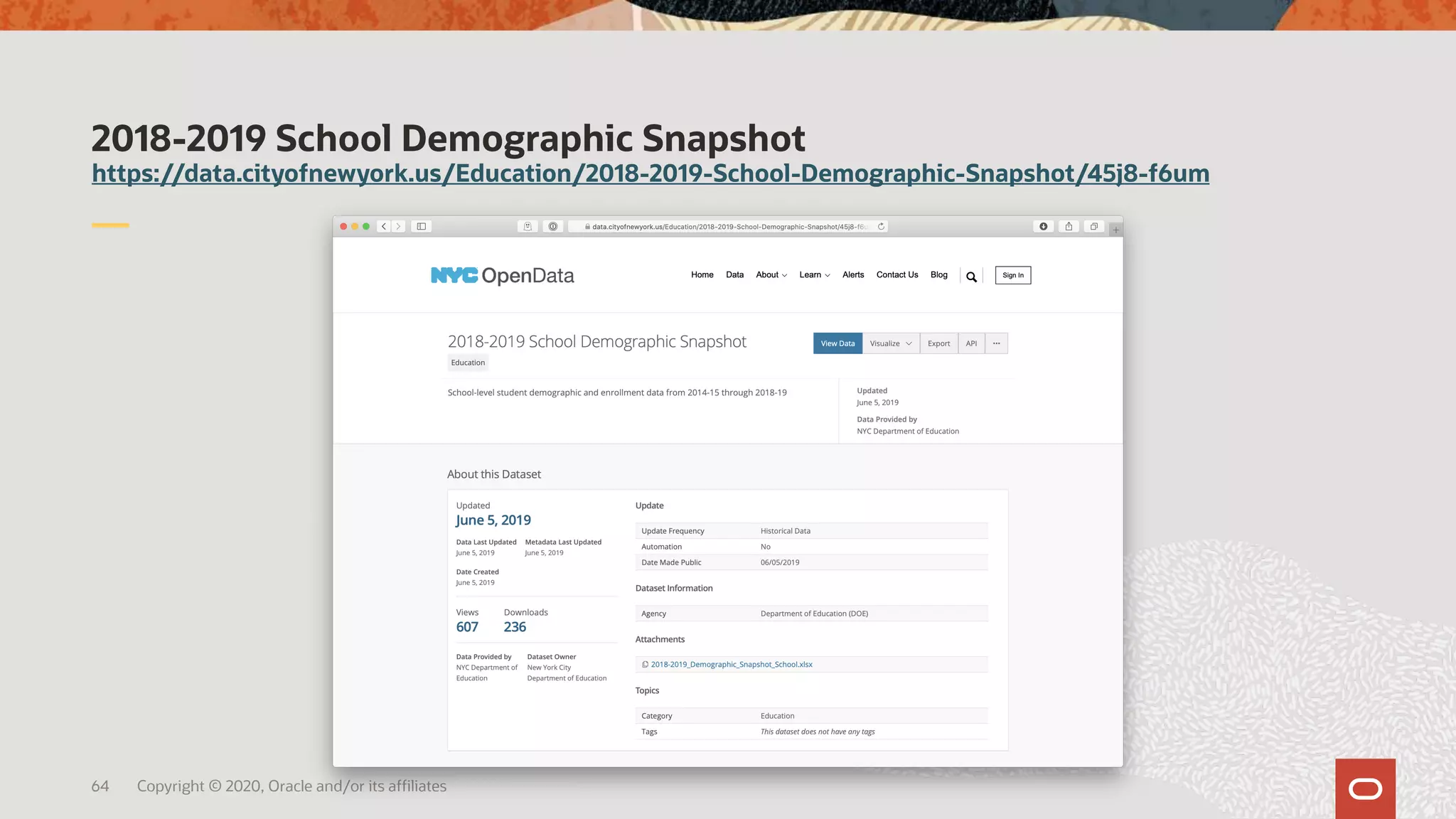 2018-2019 School Demographic Snapshot
https://data.cityofnewyork.us/Education/2018-2019-School-Demographic-Snapshot/45j8-f6um
64 Copyright © 2020, Oracle and/or its affiliates
 
