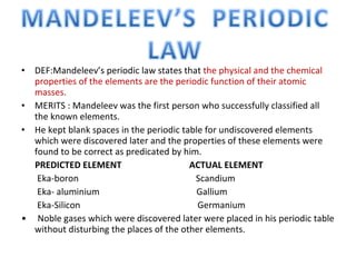 DEF:Mandeleev’s periodic law states that  the physical and the chemical properties of the elements are the periodic function of their atomic masses. MERITS : Mandeleev was the first person who successfully classified all the known elements. He kept blank spaces in the periodic table for undiscovered elements which were discovered later and the properties of these elements were found to be correct as predicated by him. PREDICTED ELEMENT  ACTUAL ELEMENT Eka-boron  Scandium Eka- aluminium  Gallium Eka-Silicon  Germanium  •  Noble gases which were discovered later were placed in his periodic table without disturbing the places of the other elements.  
