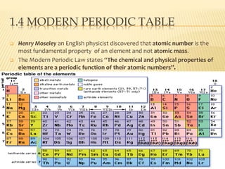 1.4 MODERN PERIODIC TABLE 
 Henry Moseley an English physicist discovered that atomic number is the 
most fundamental property of an element and not atomic mass. 
 The Modern Periodic Law states “The chemical and physical properties of 
elements are a periodic function of their atomic numbers”. 
