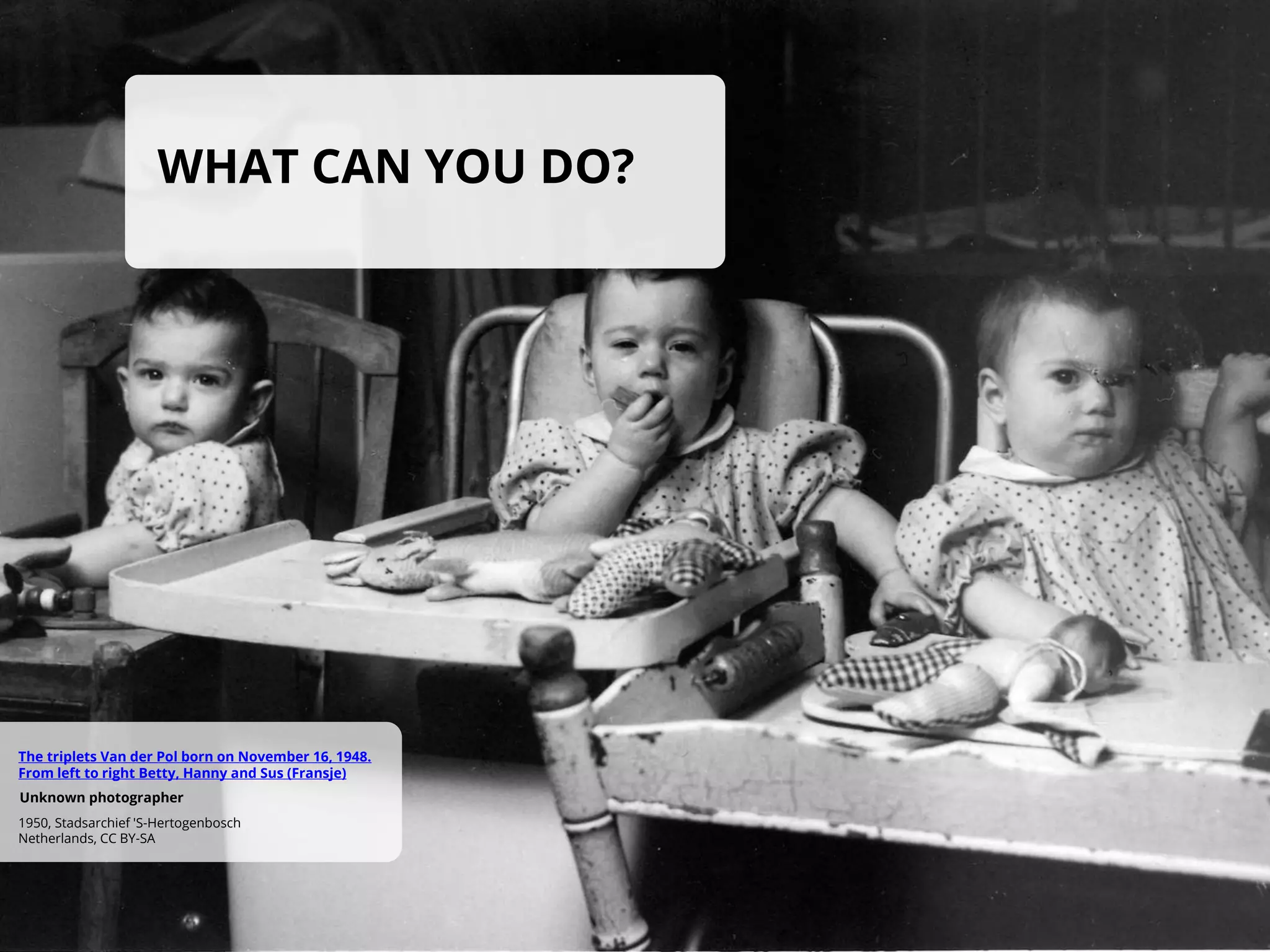 WHAT CAN YOU DO?
1950, Stadsarchief 'S-Hertogenbosch
Netherlands, CC BY-SA
Unknown photographer
The triplets Van der Pol born on November 16, 1948.
From left to right Betty, Hanny and Sus (Fransje)
 