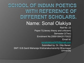 Name: Sonal Olakiya
Roll No: 23
Paper:7(Literary theory and criticism)
Semester:2(Two)
Enrolment No:2069108420170022
Email Id:
sonalolakiya2405@gmail.com
Submitted by: Dr. Dilip Barad.
SMT: S.B.Gardi Maharaja Krishanakumarsinhji Bhavnagar
University
 