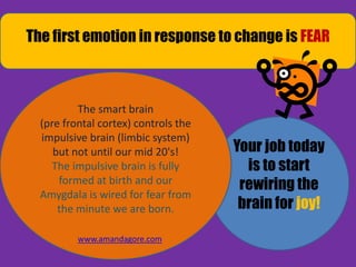 Your job today
is to start
rewiring the
brain for joy!
The smart brain
(pre frontal cortex) controls the
impulsive brain (limbic system)
but not until our mid 20's!
The impulsive brain is fully
formed at birth and our
Amygdala is wired for fear from
the minute we are born.
The first emotion in response to change is FEAR
www.amandagore.com
 
