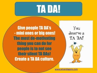 TA DA!
Give people TA DA's
- mini ones or big ones!
The most de-motivating
thing you can do for
people is to not see
their silent TA DAs!
Create a TA DA culture.
www.amandagore.com
 
