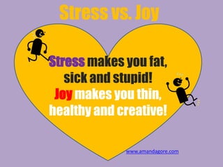 Stress makes you fat,
sick and stupid!
Joy makes you thin,
healthy and creative!
Stress vs. Joy
www.amandagore.com
 