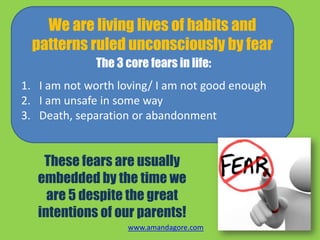 We are living lives of habits and
patterns ruled unconsciously by fear
The 3 core fears in life:
1. I am not worth loving/ I am not good enough
2. I am unsafe in some way
3. Death, separation or abandonment
These fears are usually
embedded by the time we
are 5 despite the great
intentions of our parents!
www.amandagore.com
 