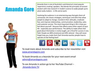 Amanda Gore
Amanda Gore is one of Australia's and America's most popular
'experience creating' speakers. She blends the pr...