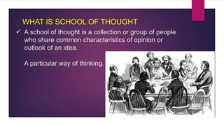  A school of thought is a collection or group of people
who share common characteristics of opinion or
outlook of an idea.
A particular way of thinking.
WHAT IS SCHOOL OF THOUGHT:
 