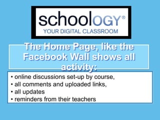 The Home Page, like the
    Facebook Wall shows all
           activity:
• online discussions set-up by course,
• all comments and uploaded links,
• all updates
• reminders from their teachers
 