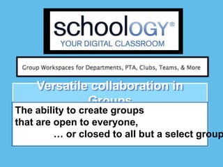 Versatile collaboration in
             Groups
The ability to create groups
that are open to everyone,
         … or closed to all but a select group
 