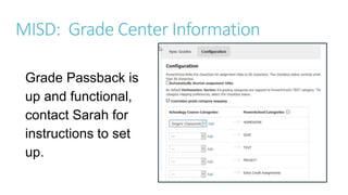 MISD: Grade Center Information
Grade Passback is
up and functional,
contact Sarah for
instructions to set
up.
 