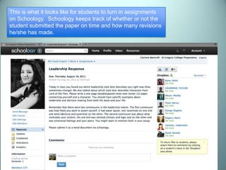 This is what it looks like for students to turn in assignments
on Schoology. Schoology keeps track of whether or not the
student submitted the paper on time and how many revisions
he/she has made.
 