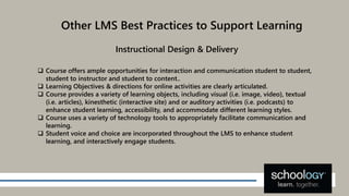 Other LMS Best Practices to Support Learning
 Course offers ample opportunities for interaction and communication student...