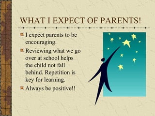 WHAT I EXPECT OF PARENTS! I expect parents to be encouraging.  Reviewing what we go over at school helps the child not fall behind. Repetition is key for learning.  Always be positive!! 