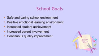 School Goals
• Safe and caring school environment
• Positive emotional learning environment
• Increased student achievement
• Increased parent involvement
• Continuous quality improvement
 