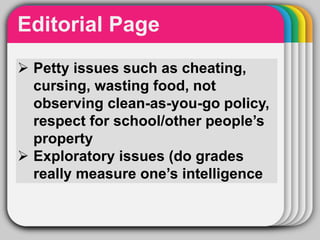 WINTERTemplate
Editorial Page
 Petty issues such as cheating,
cursing, wasting food, not
observing clean-as-you-go policy,
respect for school/other people’s
property
 Exploratory issues (do grades
really measure one’s intelligence
 
