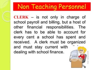 Non Teaching Personnel
CLERK – is not only in charge of
school payroll and billing, but a host of
other financial responsibilities. The
clerk has to be able to account for
every cent a school has spent and
received. A clerk must be organized
and must stay current with all laws
dealing with school finance.
 
