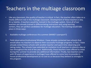Multiage ResearchThis a research based approach to education.“Longitudinal studies indicate that the longer students participate in nongraded settings, the more likely they are to have better attitudes and increased achievement (Anderson & Pavan, 1993). In addition, the wide range of competencies in a multiage group provides students with "opportunities to develop relationships and friendships with others who match, complement, or supplement their own needs and styles" (Lodish, 1992, p. 21). Because children are able to engage with children of a variety of ages and developmental levels, the opportunity exists for increased cognitive development” (Stone, 1995; McClellan, 1994; Lodish, 1992).North Central Regional  Education Laboratory. (1998) . “Critical Issue: Enhance Learning Through Multiage Grouping.” Retrieved March 3, 2001 from http://www.ncrel.org/sdrs/areas/issues/methods/instrctn/in5lk9.htm