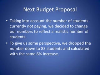 Challenge 2: The Budget(I purposely started with the educational aspect because the students are the reason the school is here. Everything else, in my opinion, is secondary)Challenge: The parish cannot afford any amount of subsidy.Goal: The school will act as enterprise fund- meaning it is 100% self-sufficient. Process: Through analysis of the numbers, create a budget that allows the school to function.
