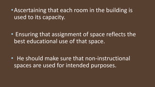 •Ascertaining that each room in the building is
used to its capacity.
• Ensuring that assignment of space reflects the
bes...