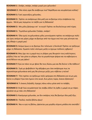 ΧΕΛΩΝΑΚΙ 1 : Σκάψε, σκάψε, σκάψε μικρό μου χελωνάκι!

ΧΕΛΩΝΑΚΙ 2 : Μα πόση ώρα θα σκάβουμε πια? Βαρέθηκα και κουράστηκα κιόλας!

ΧΕΛΩΝΑΚΙ 1: Γιατί γκρινιάζεις χελωνάκι;

ΧΕΛΩΝΑΚΙ 3: Πρέπει να σκάψουμε όλα μαζί για να βγούμε στην επιφάνεια της
άμμου. Μετά μας περιμένει το ταξίδι για τη θάλασσα!

ΧΕΛΩΝΑΚΙ 2: Μα μόλις βγήκαμε απ΄ το αυγό! Πρέπει να δουλεύουμε από τώρα;

ΧΕΛΩΝΑΚΙ 1: Τεμπέλικο χελωνάκι! Σκάψε, σκάψε!

ΧΕΛΩΝΑΚΙ 4: Όλα εμείς τα χελωνάκια μόλις γεννιόμαστε πρέπει να σκάψουμε πολύ
για ώρες ακόμα και μέρες μέχρι να βγούμε από την άμμο εκεί που μας γέννησε και
μας έθαψε η μαμά μας!

ΧΕΛΩΝΑΚΙ 5: Ακόμα όμως κι αν βγούμε δεν τελείωσε η δουλειά! Πρέπει να τρέξουμε
μέχρι τη θάλασσα. Είμαστε πολύ νόστιμος μεζές κι έχουμε πολλούς εχθρούς!

ΧΕΛΩΝΑΚΙ 6: Μας έχει πει η μαμά πως οι γλάροι μας θεωρούν τους καλύτερους
μεζέδες! Και να ‘ταν μόνο οι γλάροι; Και τα μεγαλύτερα ψάρια και τα καβούρια κι
αυτά θέλουν να μας φάνε!

ΧΕΛΩΝΑΚΙ 7: Εγώ αν πάνε να με φάνε θα τους δώσω μια και θα δούνε τι θα πάθουν!

ΧΕΛΩΝΑΚΙ 5: Σιγά μη φοβηθούν! Αχ αδέρφια μου όσο σκέφτομαι πως τα
περισσότερα χελωνάκια από μας θα γίνουμε μεζές μου κόβεται η πείνα!

ΧΕΛΩΝΑΚΙ 7: Τότε πρέπει να τρέξουμε πολύ γρήγορα στη θάλασσα για να μη μας
δούνε οι γλάροι! Εγώ όσο ήμουν στο αυγό, δυο μήνες τώρα, έκανα εξάσκηση!

ΧΕΛΩΝΑΚΙ 6: Τι έκανες δηλαδή; έτρεχες πάνω κάτω μέσα από το τσόφλι;

ΧΕΛΩΝΑΚΙ 2: Ουφ! Εγώ κουράστηκα! Δε σκάβω άλλο! Ας έρθει η μαμά να με πάρει
αγκαλιά να με πάει στη θάλασσα!

ΧΕΛΩΝΑΚΙ 1: Κακόμοιρο χελωνάκι, αν δεν σκάψεις πώς θα βγούμε όλα μαζί έξω;

ΧΕΛΩΝΑΚΙ 3: Παιδιά, παιδιά βλέπω φως!

ΧΕΛΩΝΑΚΙ 4: Ναι κι εγώ το βλέπω, φαίνεται μια μεγάλη κίτρινη μπάλα στο σκοτάδι!

                                                                                  2
 