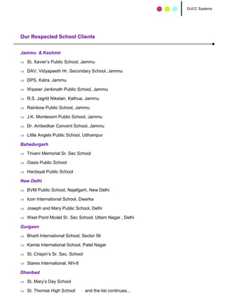 DUCC Systems




Our Respected School Clients


Jammu & Kashmir

  St. Xavier’s Public School, Jammu

  DAV. Vidyapeeth Hr. Secondary School, Jammu

  DPS, Katra, Jammu

  Wazeer Jankinath Public School, Jammu

  R.S. Jagrtit Niketan, Kathua, Jammu

  Rainbow Public School, Jammu

  J.K. Montesorri Public School, Jammu

  Dr. Ambedkar Convent School, Jammu

  Little Angels Public School, Udhampur

Bahadurgarh

  Triveni Memorial Sr. Sec School

  Oasis Public School

  Hardayal Public School

New Delhi

  BVM Public School, Najafgarh, New Delhi

  Icon International School, Dwarka

  Joseph and Mary Public School, Delhi

  West Point Model Sr. Sec School, Uttam Nagar , Delhi

Gurgaon

  Bharti International School, Sector 56

  Kamla International School, Patel Nagar

  St. Crispin’s Sr. Sec. School

  Starex International, NH-8

Dhanbad

  St. Mary’s Day School

  St. Thomas High School          and the list continues...
 