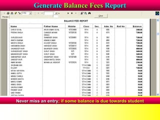 Generate Balance Fees Report
Never miss an entry; if some balance is due towards student
 