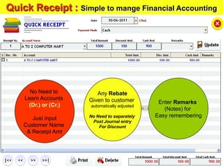 Quick Receipt : Simple to mange Financial Accounting
No Need to
Learn Accounts
(Dr.) or (Cr.)
Just input
Customer Name
& Receipt Amt
Any Rebate
Given to customer
automatically adjusted
No Need to separately
Post Journal entry
For Discount
Enter Remarks
(Notes) for
Easy remembering
 