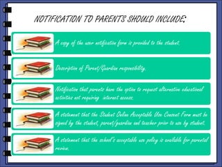 NOTIFICATION TO PARENTS SHOULD INCLUDE

:

A copy of the user notification form is provided to the student.
Description of Parent/Guardian responsibility.

Notification that parents have the option to request alternative educational
activities not requiring internet access.
A statement that the Student Online Acceptable Use Consent Form must be
signed by the student, parent/guardian and teacher prior to use by student.
A statement that the school’s acceptable use policy is available for parental
review.

 