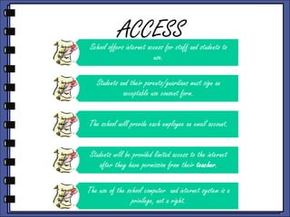 ACCESS

School offers internet access for staff and students to
use.

Students and their parents/guardians must sign an
acceptable use consent form.
The school will provide each employee an email account.
Students will be provided limited access to the internet
after they have permission from their teacher.
The use of the school computer and internet system is a
privilege, not a right.

 