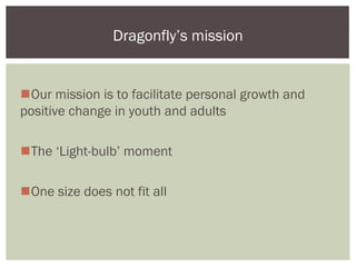 Dragonfly’s mission


Our mission is to facilitate personal growth and
positive change in youth and adults

The ‘Light-bulb’ moment

One size does not fit all
 
