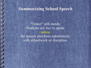 Summarizing School Speech
“Tinker” still stands:
Students are free to speak
unless
the speech interferes substantially
with schoolwork or discipline.

 