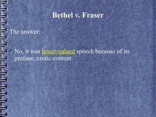 Bethel v. Fraser
The answer:


No, it was lower-valued speech because of its
profane, erotic content.

 
