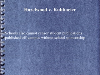 Hazelwood v. Kuhlmeier

Schools also cannot censor student publications
published off-campus without school sponsorship

 